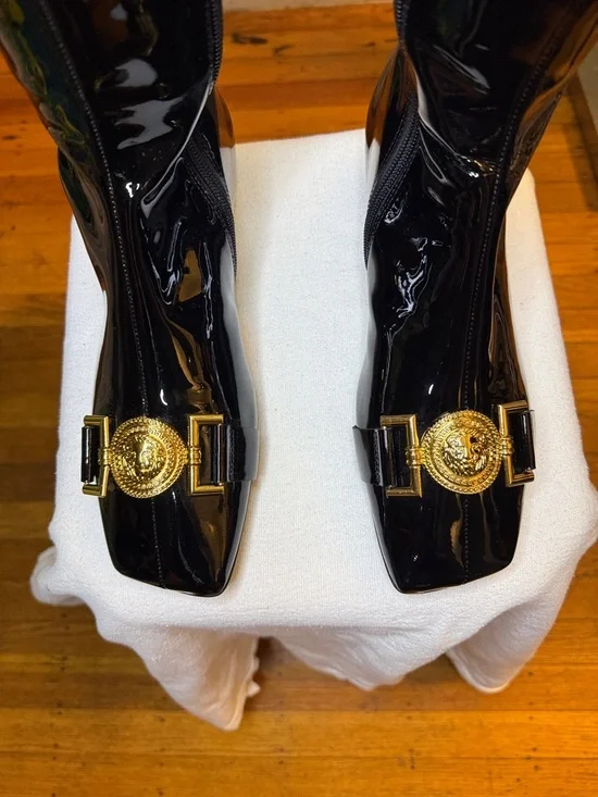 Jeffrey Campbell Black Patent Over-the-Knee Boots with Gold Medallion - Picture 2 of 7